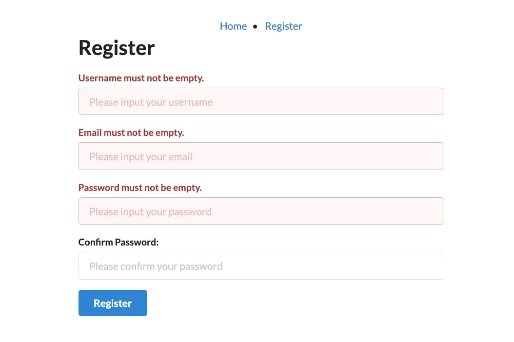 Register form with error messages