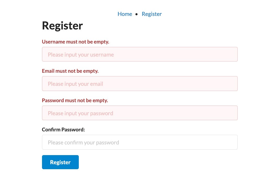 Register form with error messages