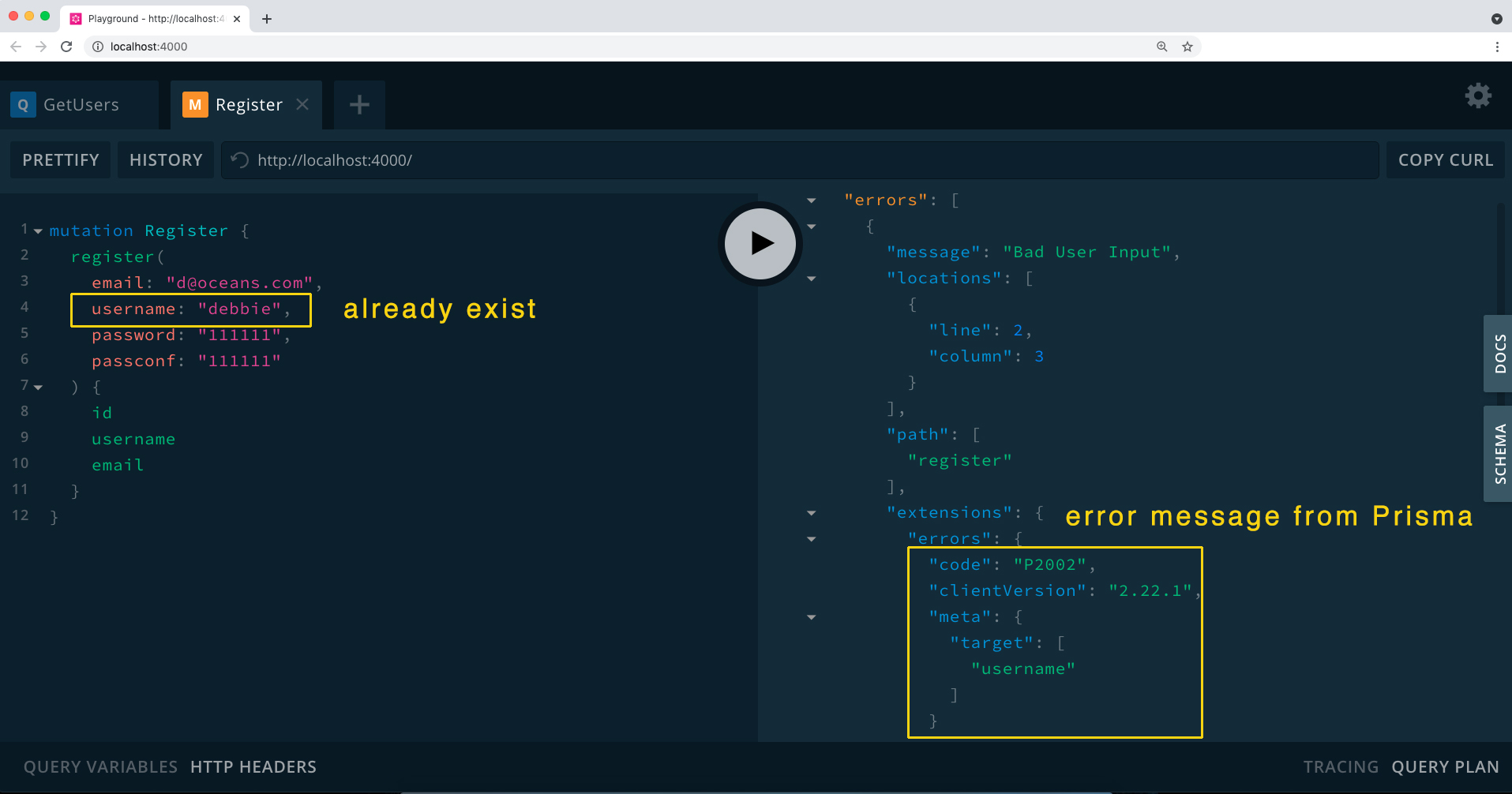 Unique violation error messages with Prisma